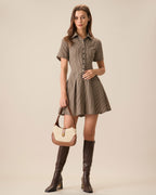 Brown Plaid Lapel Pleated Mini Dress