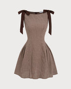 Brown Gingham Tie Strap Mini Dress