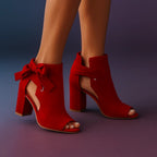 Callie - Suede Peep-Toe Block Heel Sandals With Ankle Bow