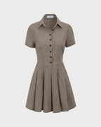 Brown Plaid Lapel Pleated Mini Dress