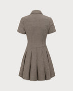Brown Plaid Lapel Pleated Mini Dress