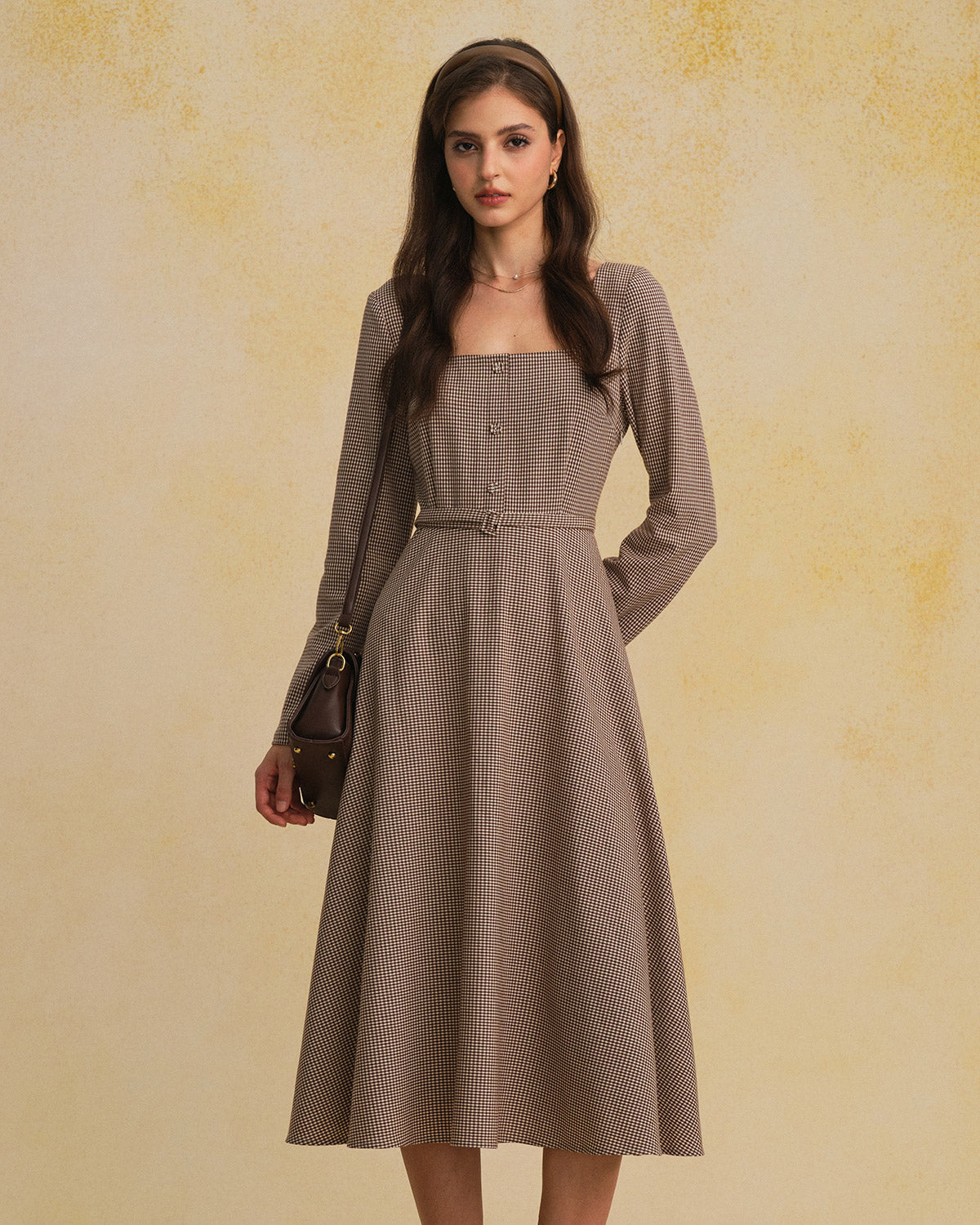 Brown Gingham Square Neck Belted Maxi Dress