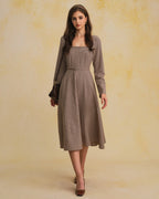 Brown Gingham Square Neck Belted Maxi Dress