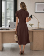 Brown Puffed Sleeve Ruched Midi Dress