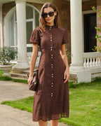 Brown Polka Dot Chiffon Midi Dress