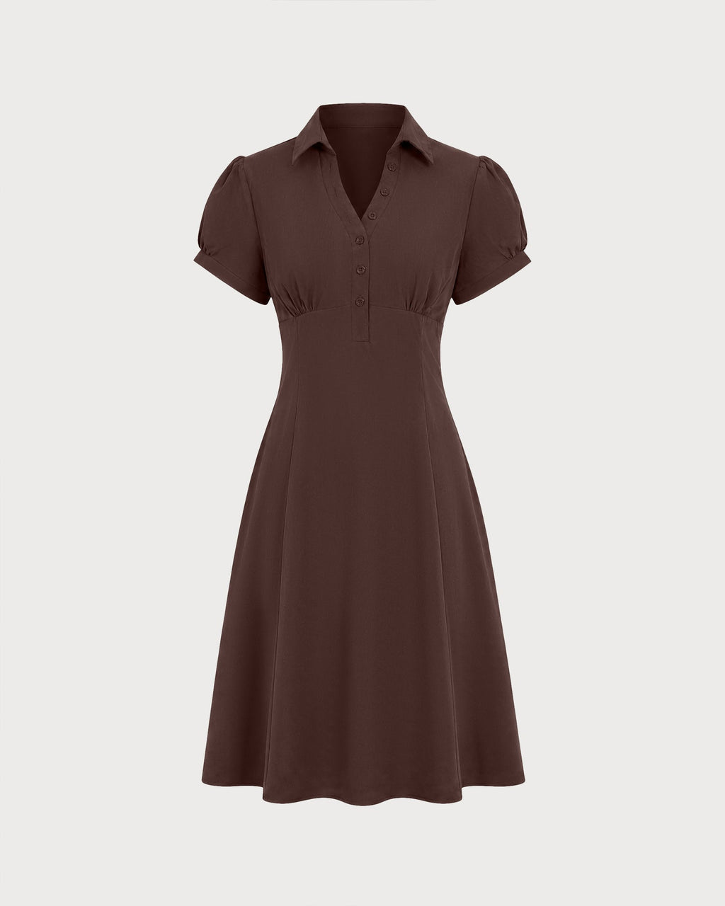 Brown Puffed Sleeve Ruched Midi Dress