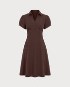 Brown Puffed Sleeve Ruched Midi Dress