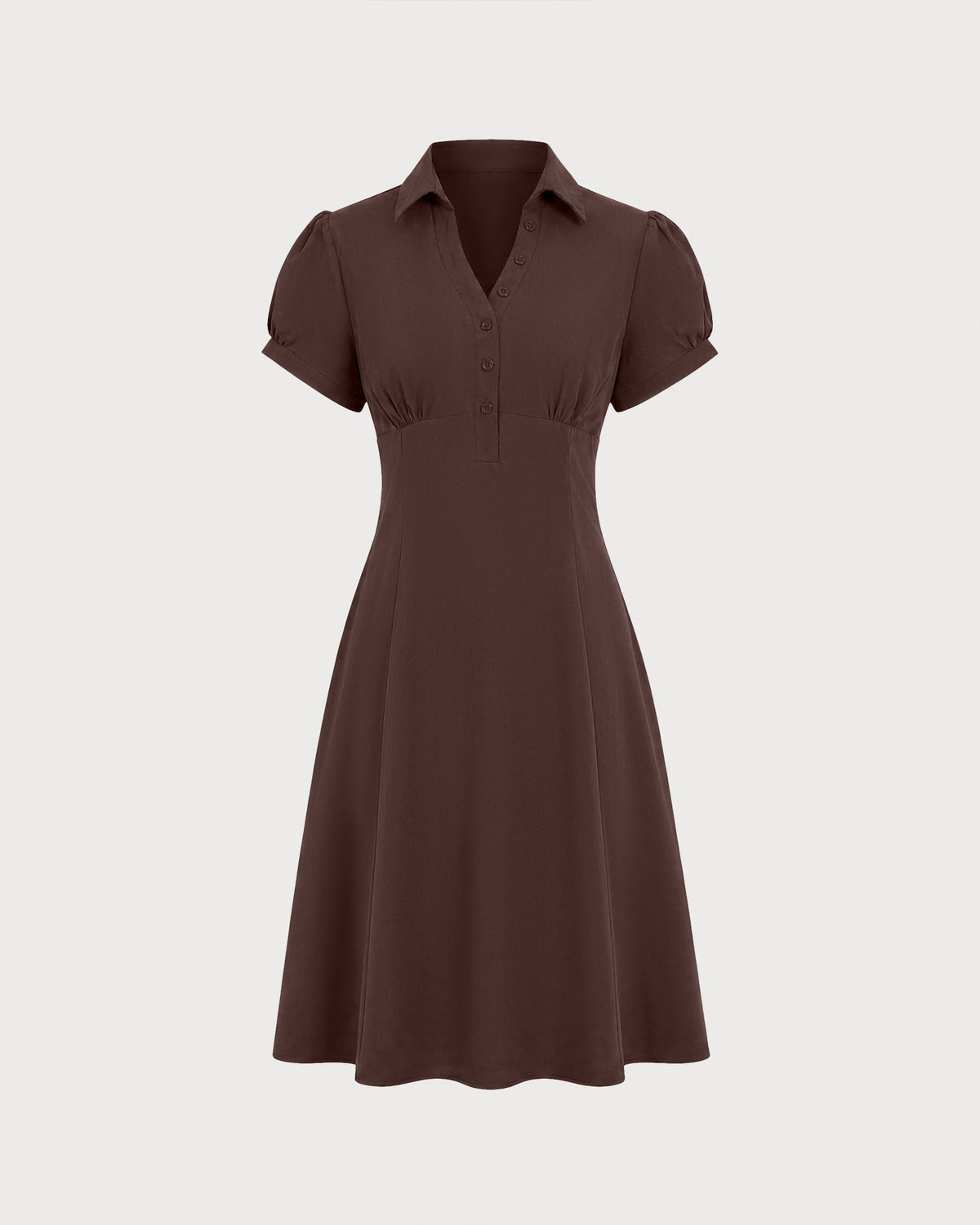Brown Puffed Sleeve Ruched Midi Dress