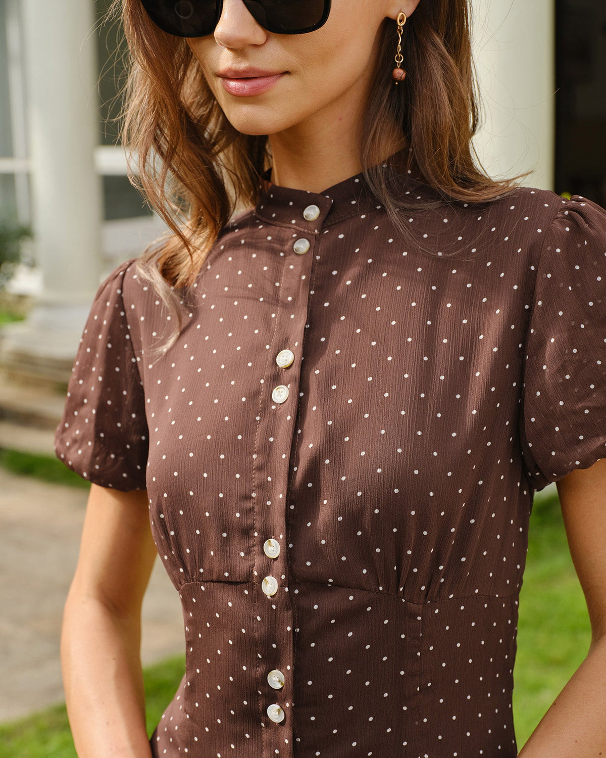Brown Polka Dot Chiffon Midi Dress