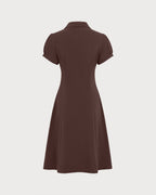 Brown Puffed Sleeve Ruched Midi Dress