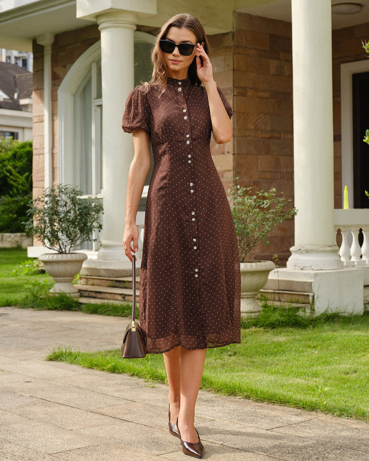 Brown Polka Dot Chiffon Midi Dress