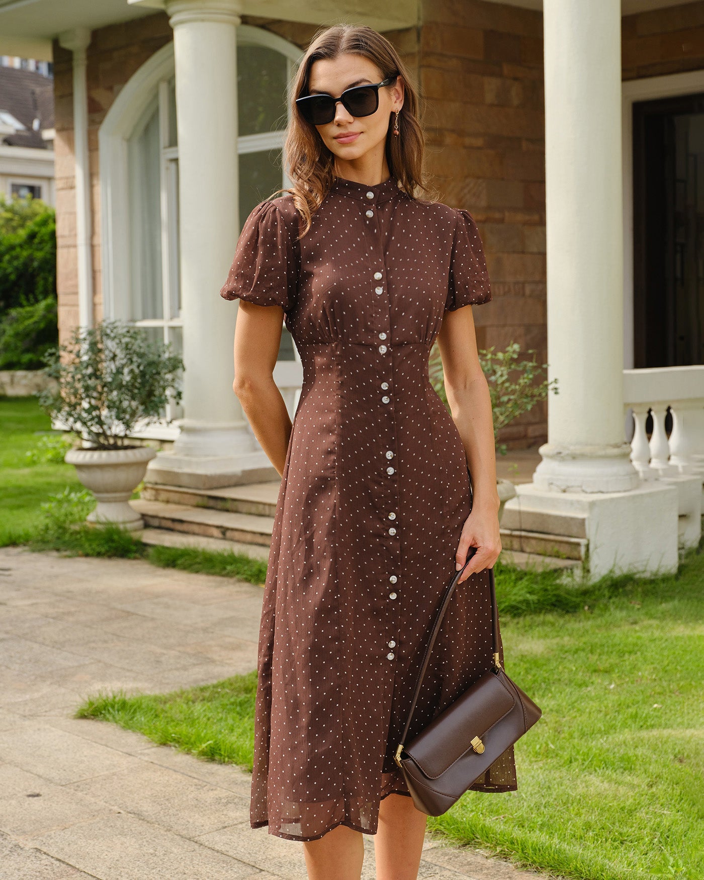 Brown Polka Dot Chiffon Midi Dress