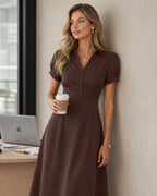 Brown Puffed Sleeve Ruched Midi Dress