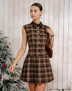 Brown Plaid Pleated Sleeveless Mini Dress