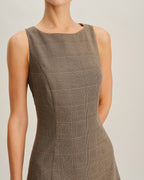 Brown Plaid Sleeveless Mini Dress