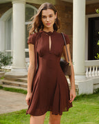 Brown Mock Neck Cut Out Chiffon Mini Dress