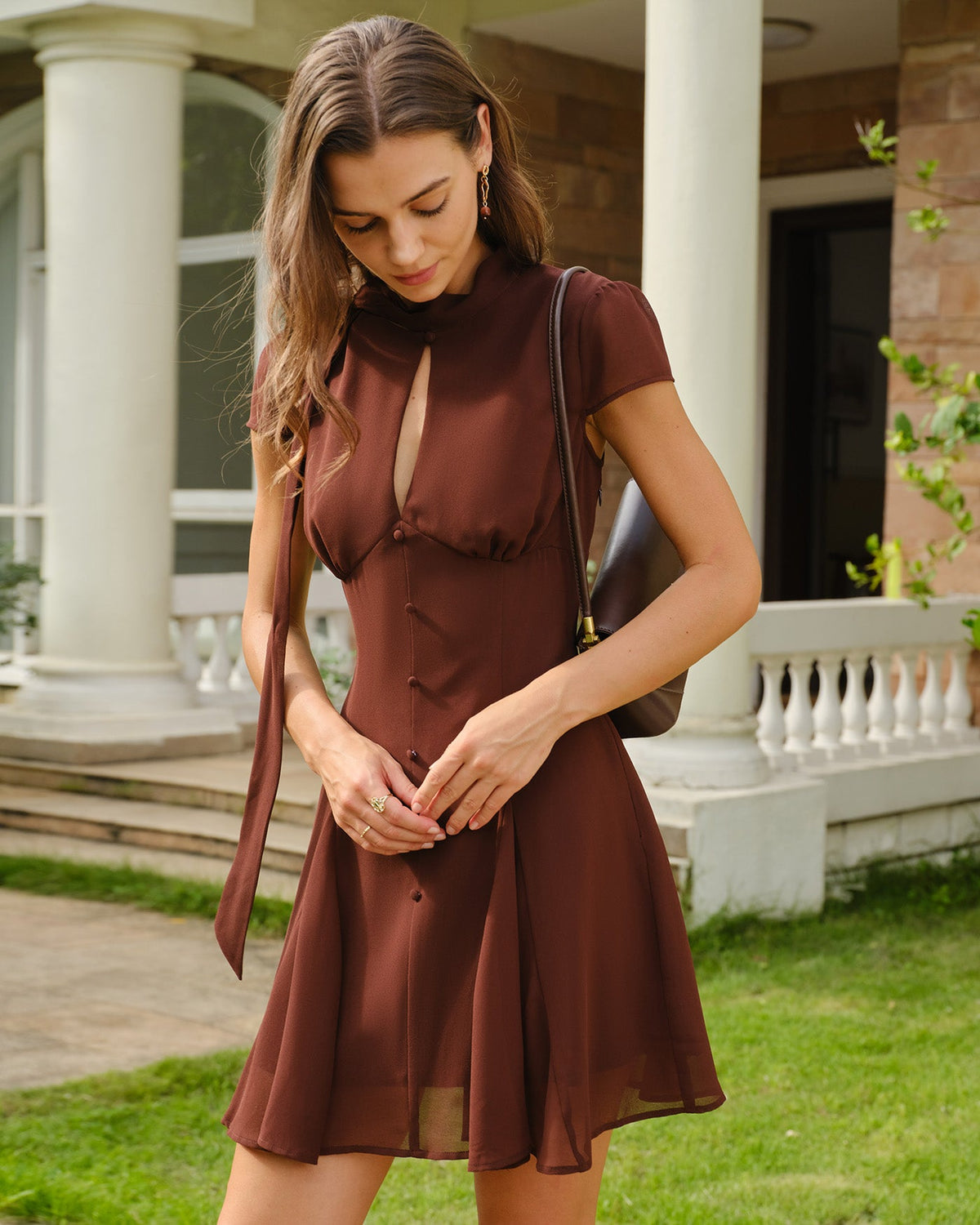 Brown Mock Neck Cut Out Chiffon Mini Dress