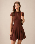 Brown Mock Neck Cut Out Chiffon Mini Dress