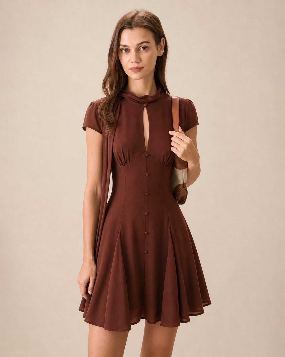 Brown Mock Neck Cut Out Chiffon Mini Dress