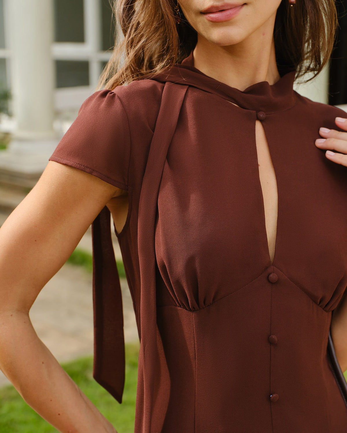 Brown Mock Neck Cut Out Chiffon Mini Dress