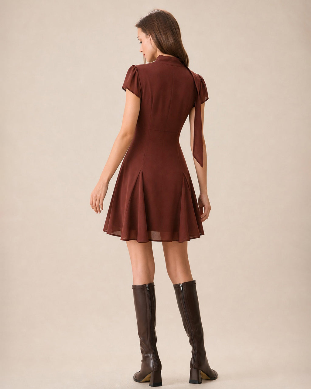 Brown Mock Neck Cut Out Chiffon Mini Dress