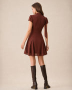 Brown Mock Neck Cut Out Chiffon Mini Dress