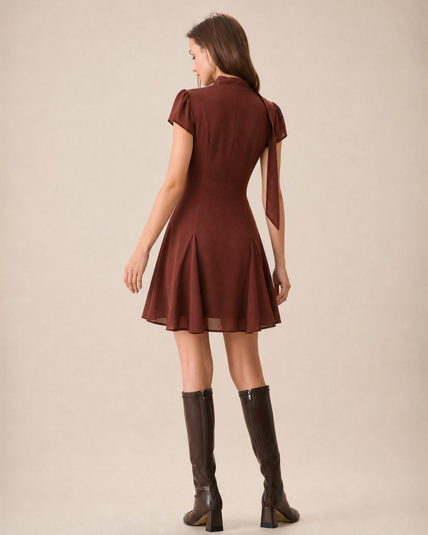 Brown Mock Neck Cut Out Chiffon Mini Dress